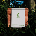 A single-origin coffee bag from Wildish Club, featuring a white paper label with green text and logo, wrapped in peach and dark brown paperboard sleeves, standing upright in a dark, grassy outdoor setting.