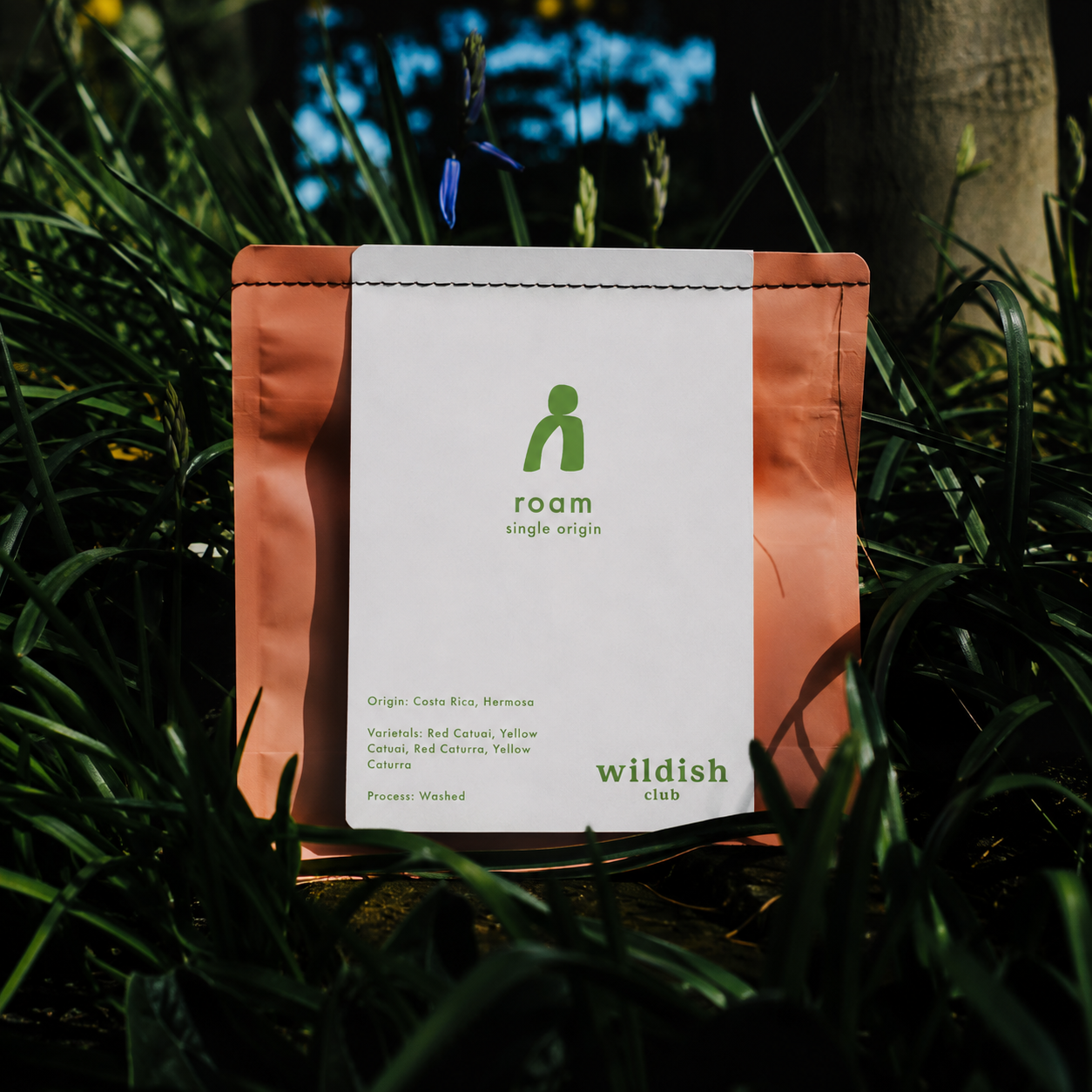 A single-origin coffee bag from Wildish Club, featuring a white paper label with green text and logo, wrapped in peach and dark brown paperboard sleeves, standing upright in a dark, grassy outdoor setting.